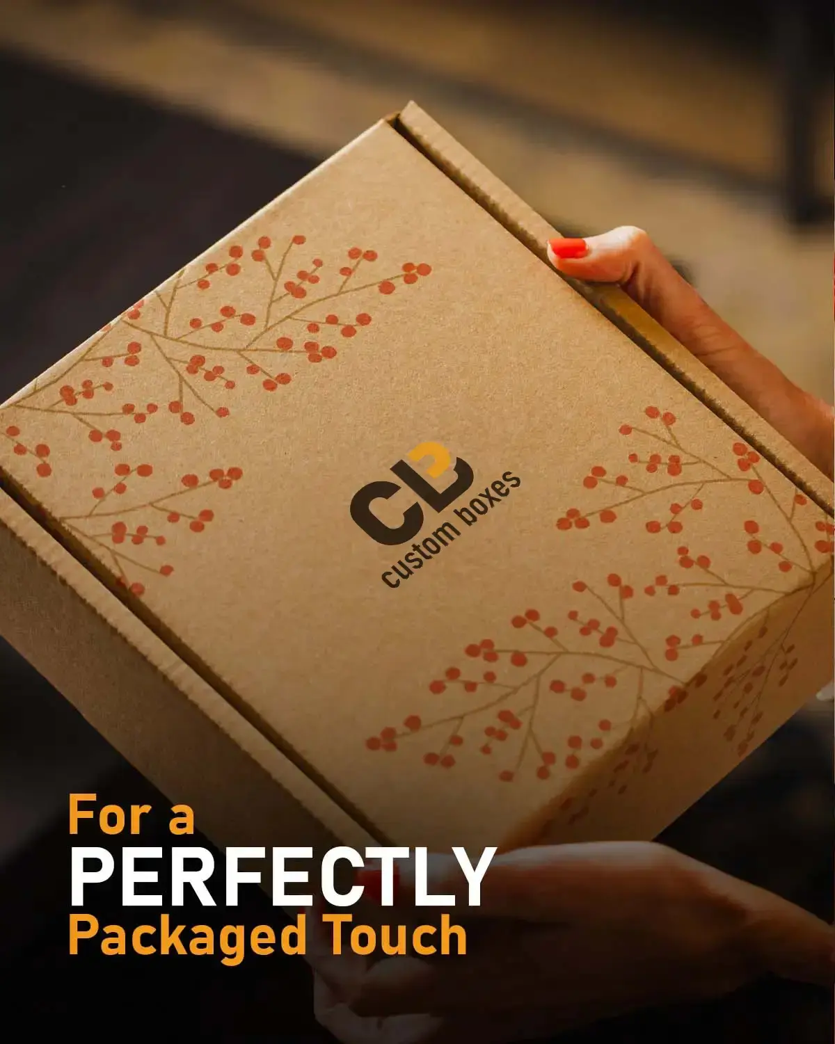 Image of a box that has the CB logo and an example of a customized design