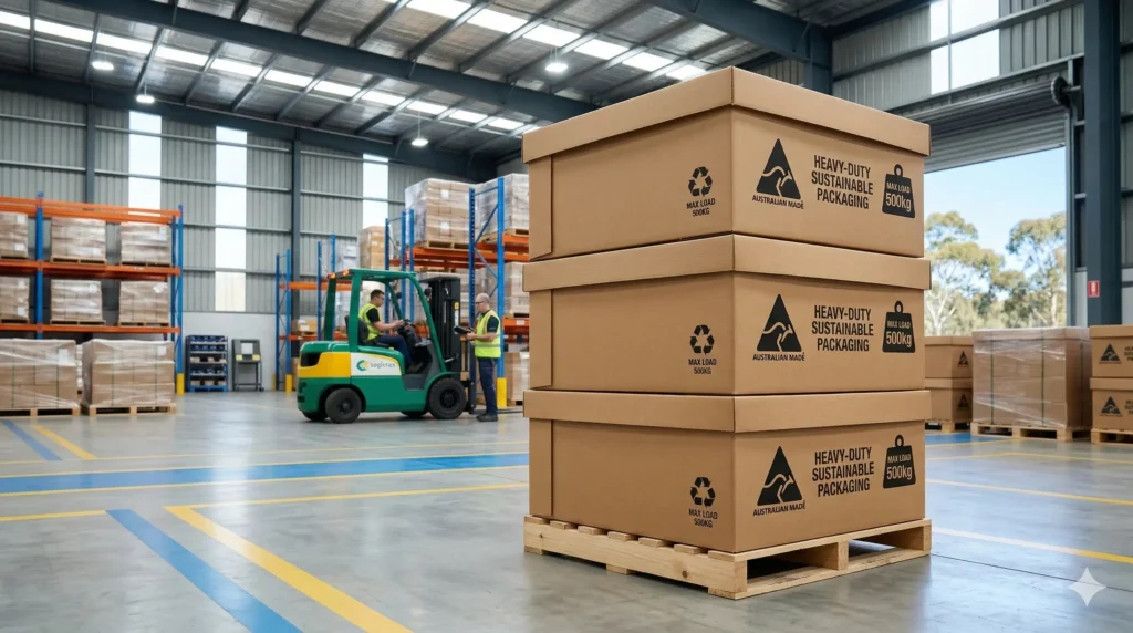 A neat stack of heavy-duty corrugated cardboard pallet boxes in a bright, modern Australian warehouse.