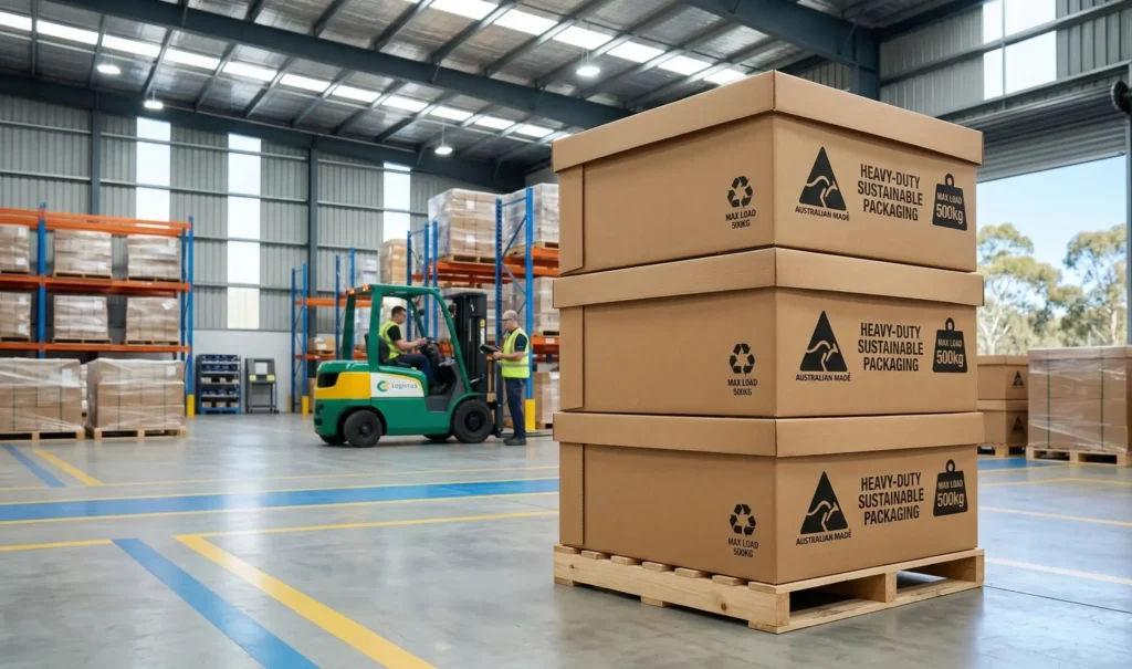 A neat stack of heavy-duty corrugated cardboard pallet boxes in a bright, modern Australian warehouse.