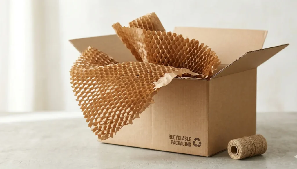 An open corrugated cardboard shipping box from 'customboxes.net.au' with intricate brown kraft paper honeycomb protective packaging expanding as a sustainable alternative to plastic bubble wrap.