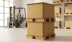 Two large heavy-duty honeycomb cardboard shipping boxes stacked on matching eco-friendly cardboard pallets inside a bright warehouse with a forklift in the background.