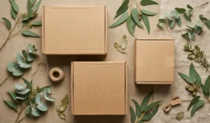 Top-down view of eco-friendly corrugated cardboard mailer boxes with green eucalyptus leaves, representing sustainable packaging in Australia.
