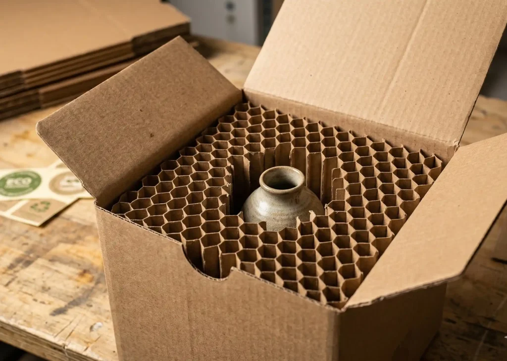 Close-up of a robust honeycomb cardboard insert securely protecting a fragile item inside an eco-friendly shipping box.