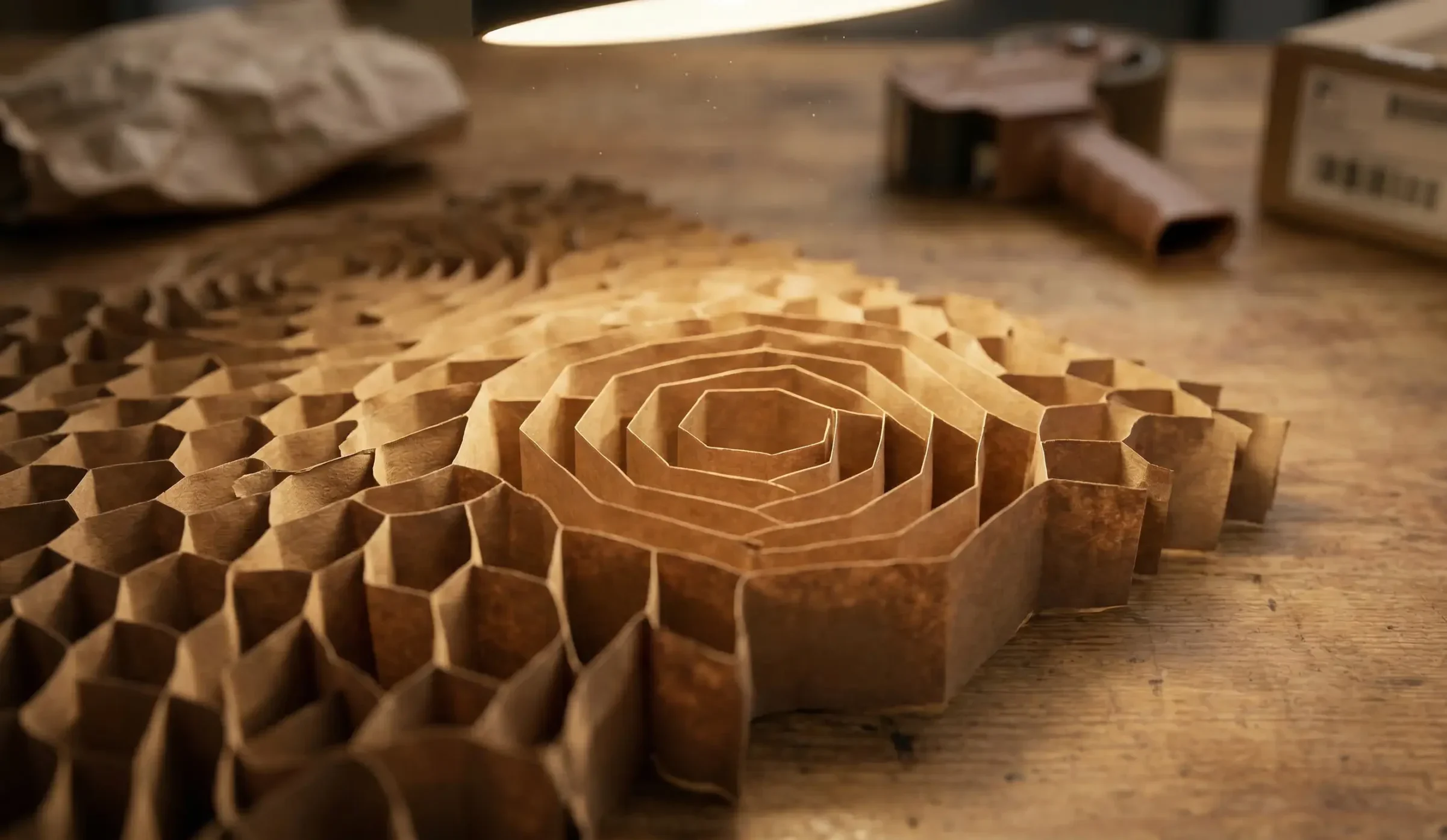 Close-up of brown expandable honeycomb packaging paper stretched open on a packing table.