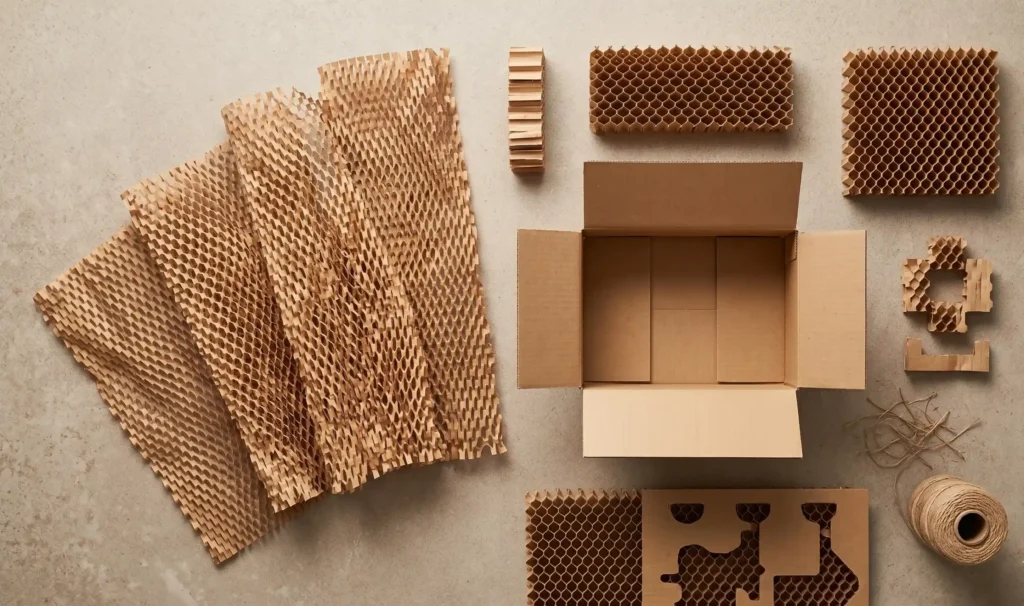 Top-down view of eco-friendly honeycomb cardboard boxes and inserts, highlighting sustainable B2B and e-commerce packaging solutions.