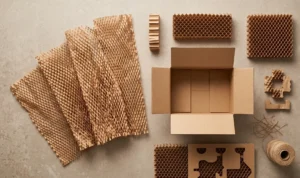Top-down view of eco-friendly honeycomb cardboard boxes and inserts, highlighting sustainable B2B and e-commerce packaging solutions.