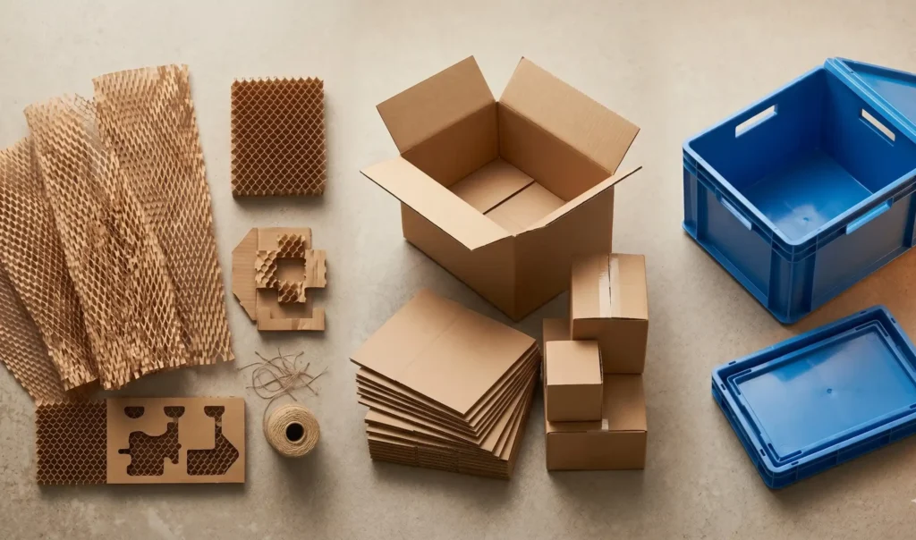 Side-by-side comparison of honeycomb paperboard, corrugated cardboard, and reusable plastic containers for industrial packaging.