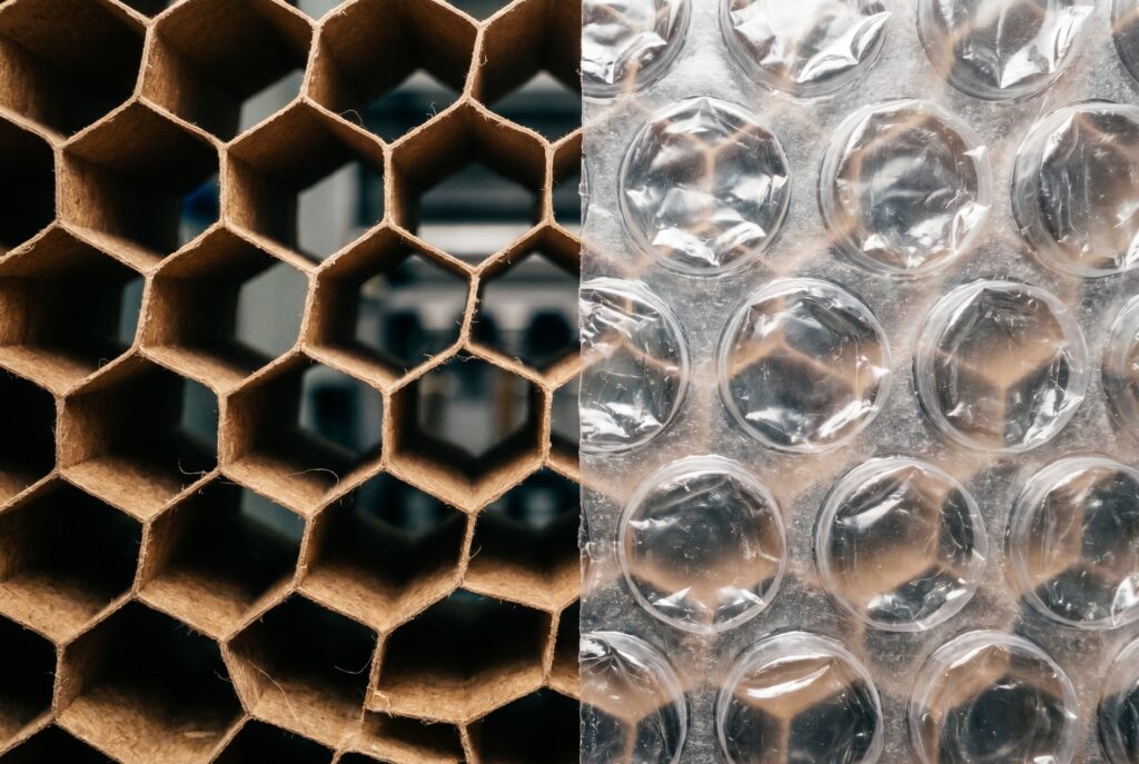 Macro comparison of the hexagonal structural matrix of honeycomb paper and the plastic air cells of bubble wrap.