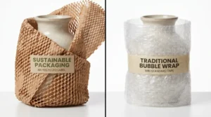 A split-screen comparison showing eco-friendly honeycomb paper wrap and traditional plastic bubble wrap protecting fragile items.