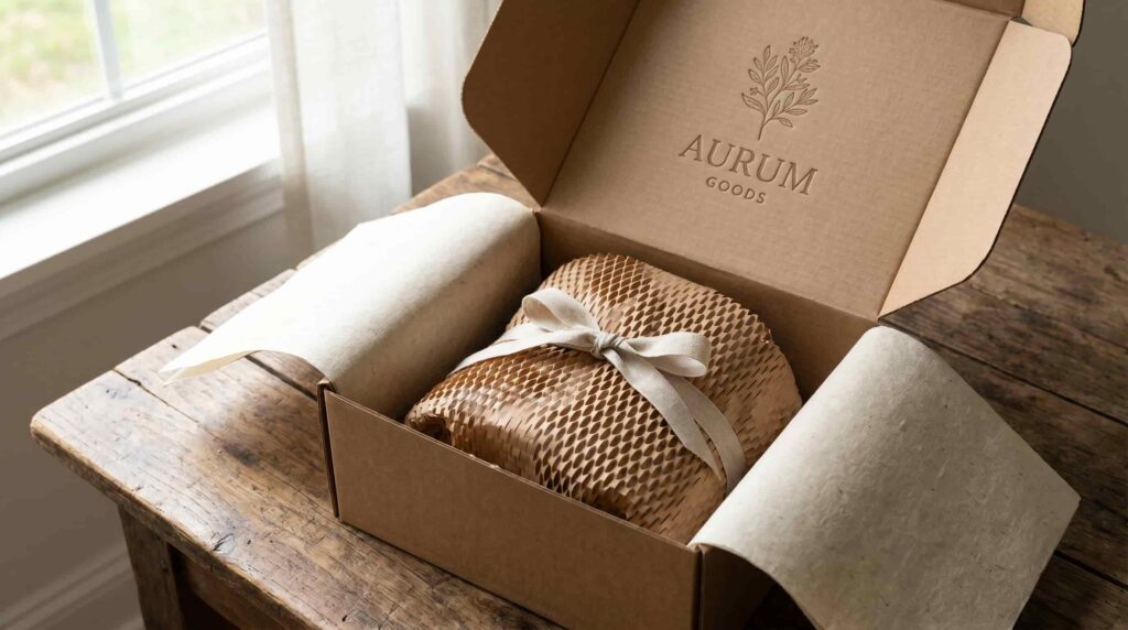 A custom e-commerce mailer box opened to reveal a product securely wrapped in aesthetic, tape-free honeycomb paper.