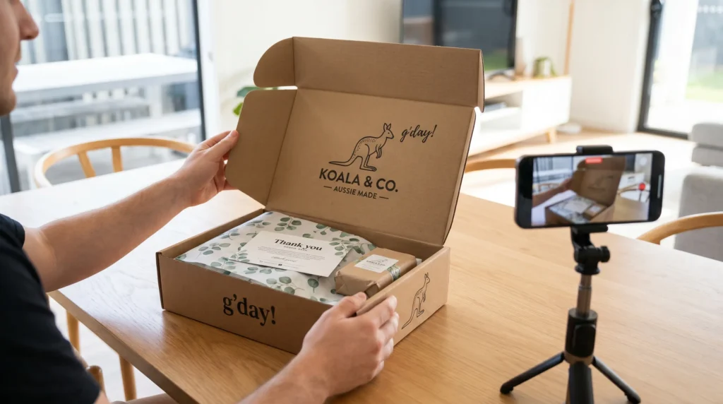 Custom-printed mailer box unboxing for an Australian e-commerce brand

