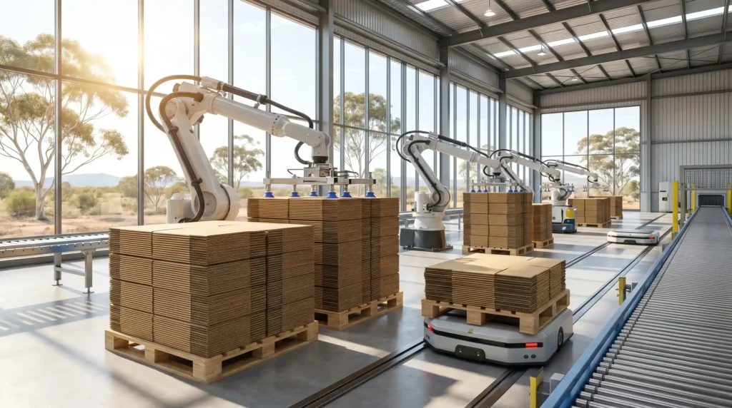 A high-tech Australian cardboard manufacturing facility showing automated robotics stacking custom corrugated boxes.