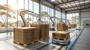 A high-tech Australian cardboard manufacturing facility showing automated robotics stacking custom corrugated boxes.