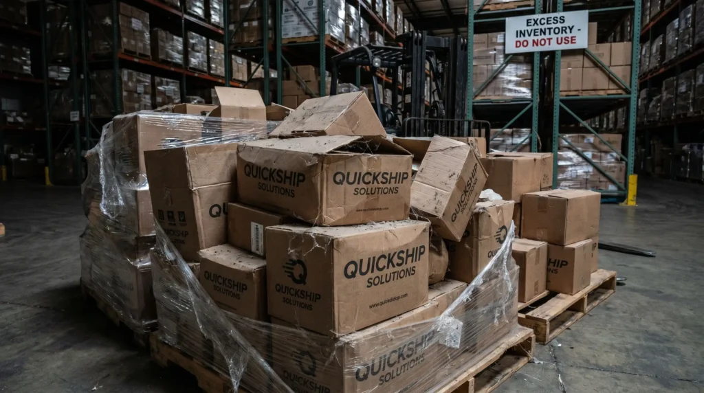 Pallet stacked with unused branded packaging — the hidden cost of high-MOQ orders 