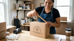 Small business owner packing a single custom-printed mailer box at a home workshop
