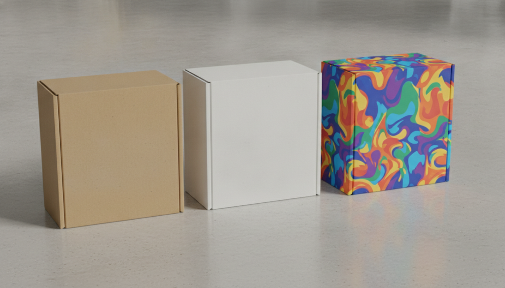 Kraft, white and full-colour custom cardboard boxes side by side for comparison