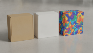 Kraft, white and full-colour custom cardboard boxes side by side for comparison