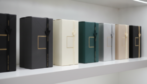 Premium custom retail packaging boxes displayed on a clean white retail shelf