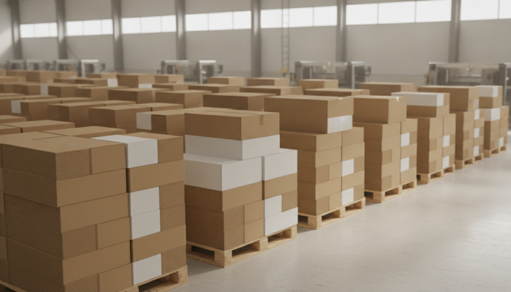Custom cardboard boxes stacked on pallets in an Australian packaging factory