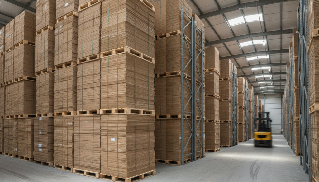 Pallets of bulk flat-packed custom cardboard boxes in an Australian warehouse