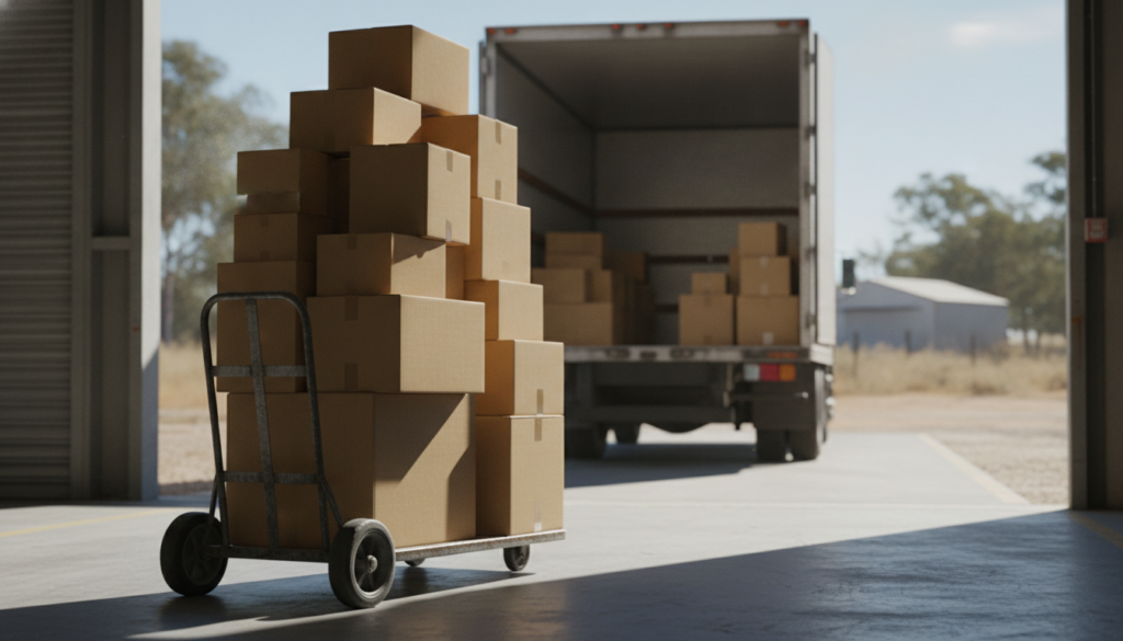 Custom shipping boxes stacked on a courier trolley at an Australian warehouse dock
