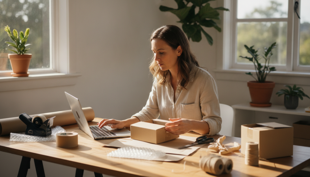 Small business owner reviewing a cardboard box sample at a laptop while ordering online