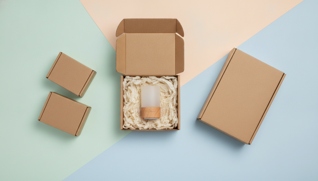 Custom e-commerce mailer boxes in different sizes with product and tissue paper