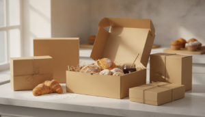 Food-grade custom kraft boxes and a gift hamper on a clean hygienic counter