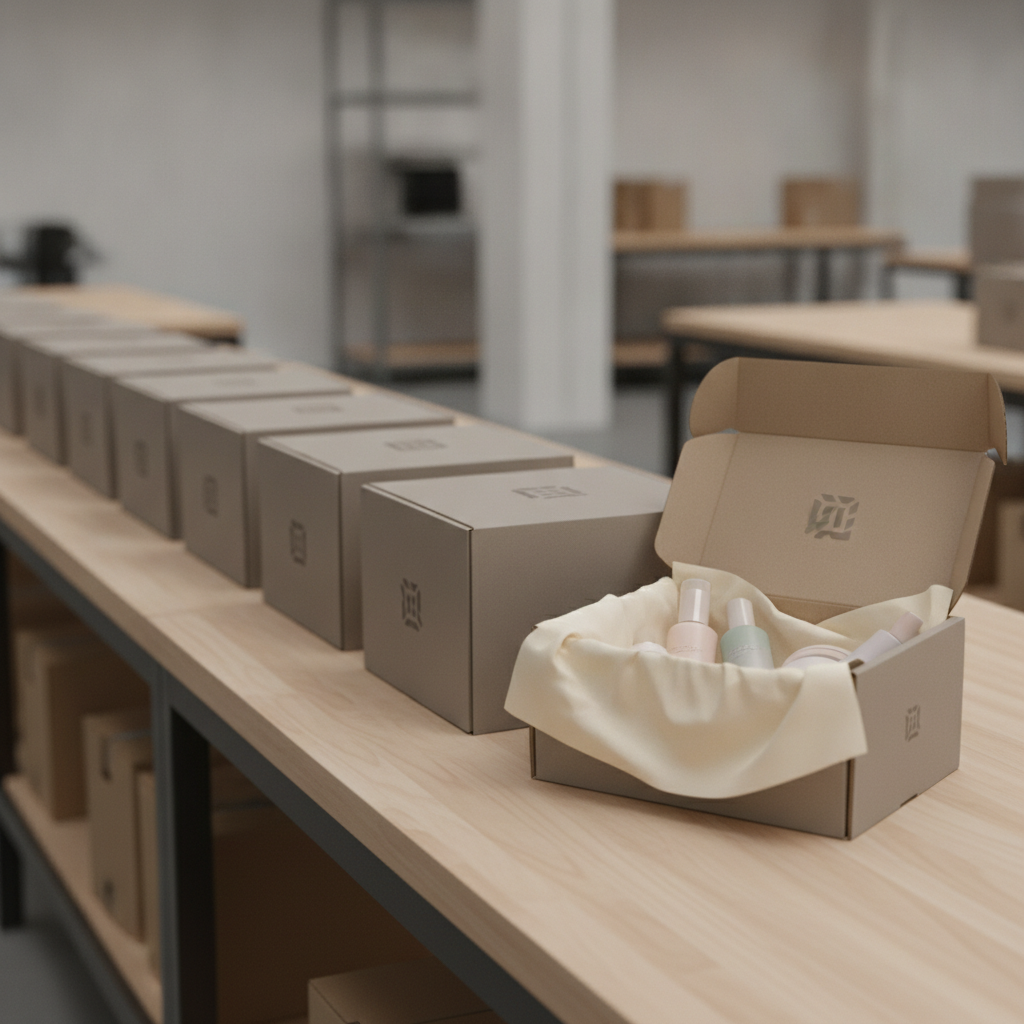 Row of branded subscription boxes with one open showing products