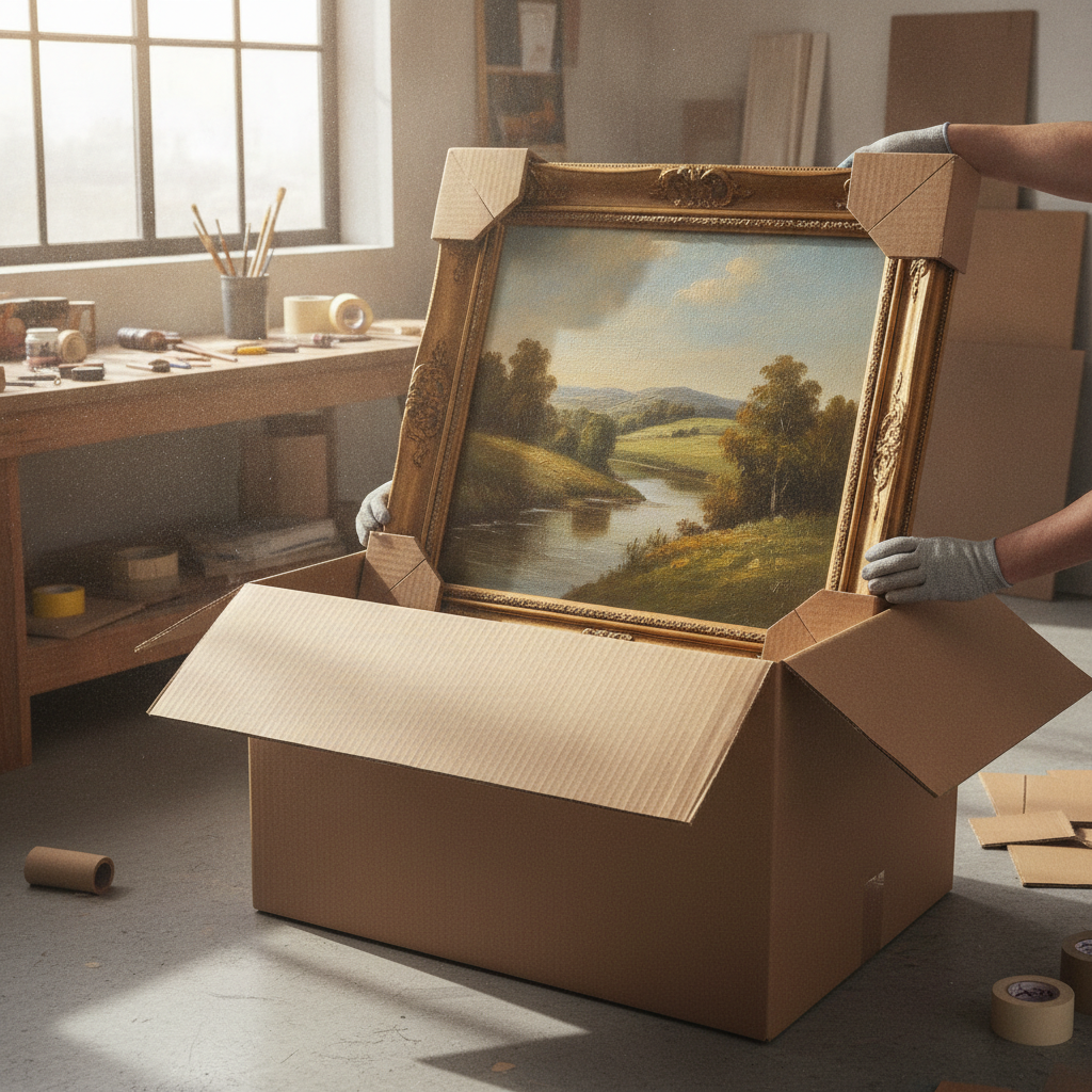 Framed painting being packed into a double-wall cardboard art shipping box