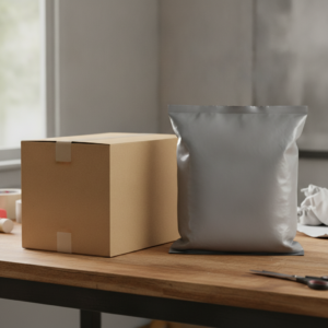 Kraft mailer box next to a grey poly mailer bag on a packing bench