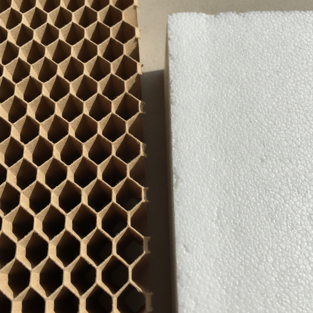 Paper honeycomb packaging sheet next to a white foam insert