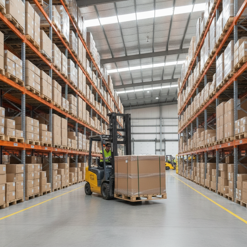 Forklift moving a palletised heavy-duty cardboard pallet box in a distribution centre