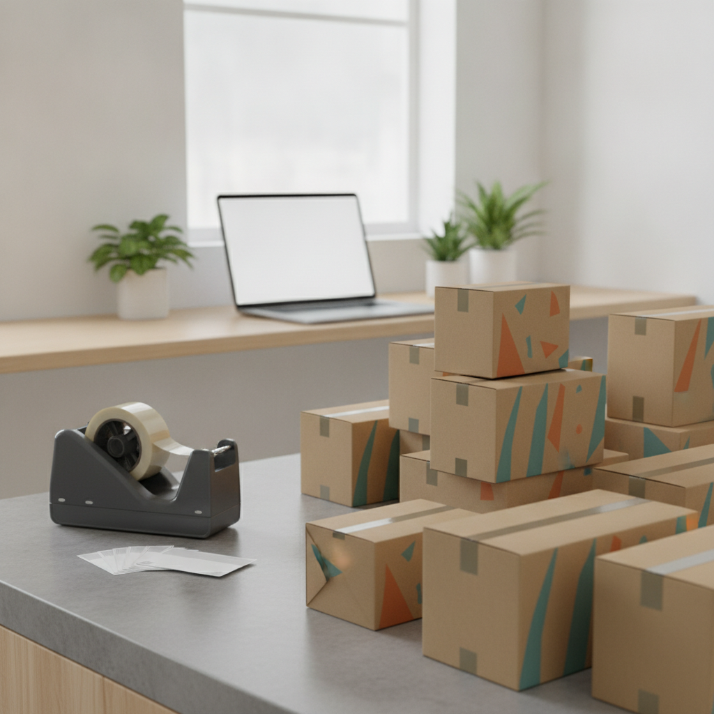 E-commerce packing station with printed cardboard mailer boxes