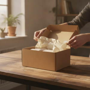 Customer opening a branded kraft mailer box with tissue paper