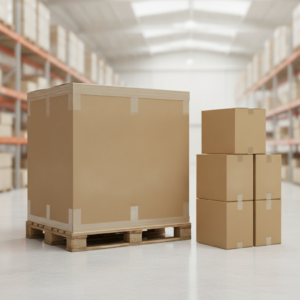 Heavy-duty cardboard pallet box beside standard shipping cartons