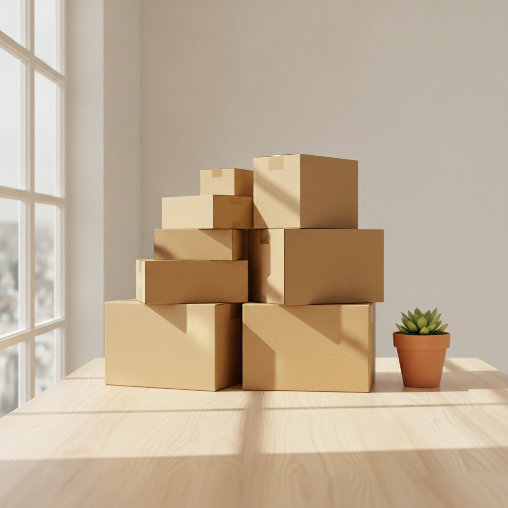 Stack of plain kraft corrugated custom boxes beside a green plant in natural light