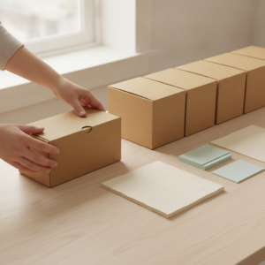 Hands folding a kraft roll end tuck front subscription mailer box beside a row of folded boxes