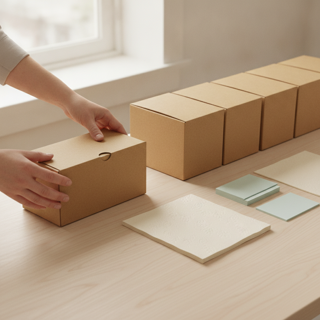 Hands folding a kraft roll end tuck front subscription mailer box beside a row of folded boxes